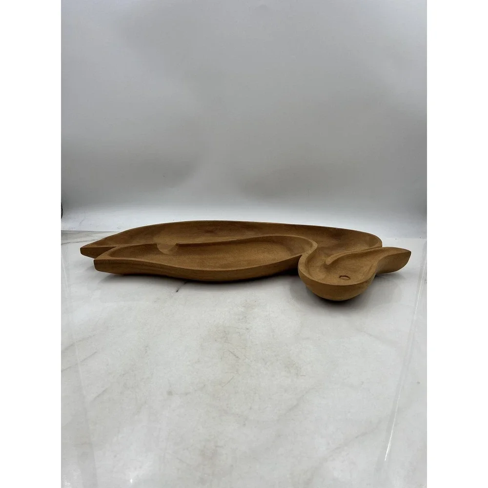 Vintage Wooden Duck Serving Tray 3 Section Nut Dish Hand Carved Philippines Wood